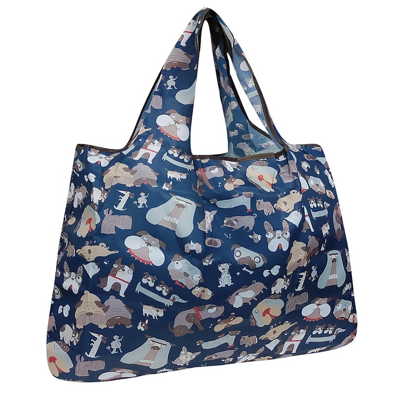 allydrew Large Foldable Tote Nylon Reusable Grocery Bag, Navy Dogs - Image 1